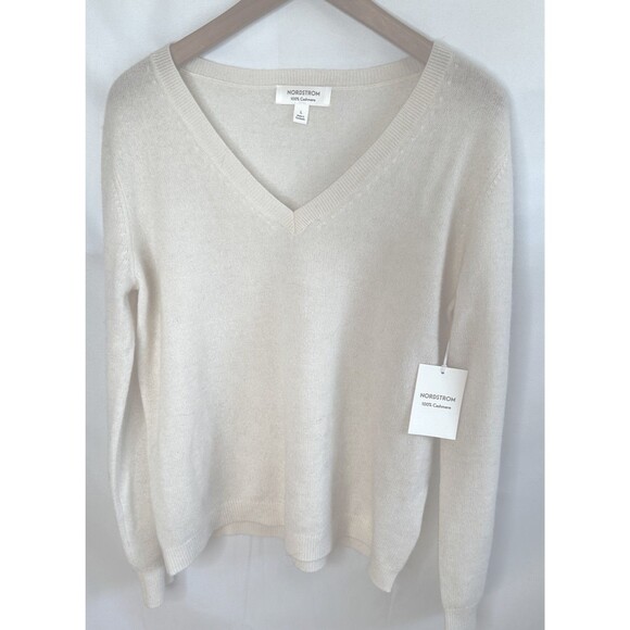 NWT Nordstrom Cashmere  V-Neck Sweater Large Ivory Light weight Summer - Picture 10 of 11